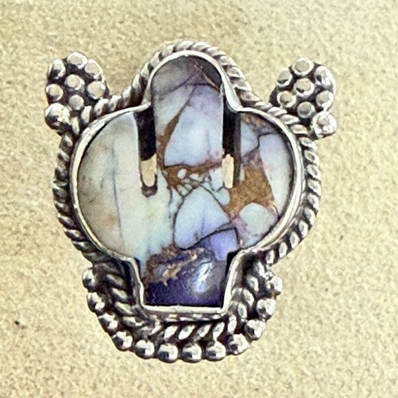 Western Purple Dahlia Turquoise Cactus Boho Statement Ring Sterling Silver Sz 6 - Picture 3 of 8